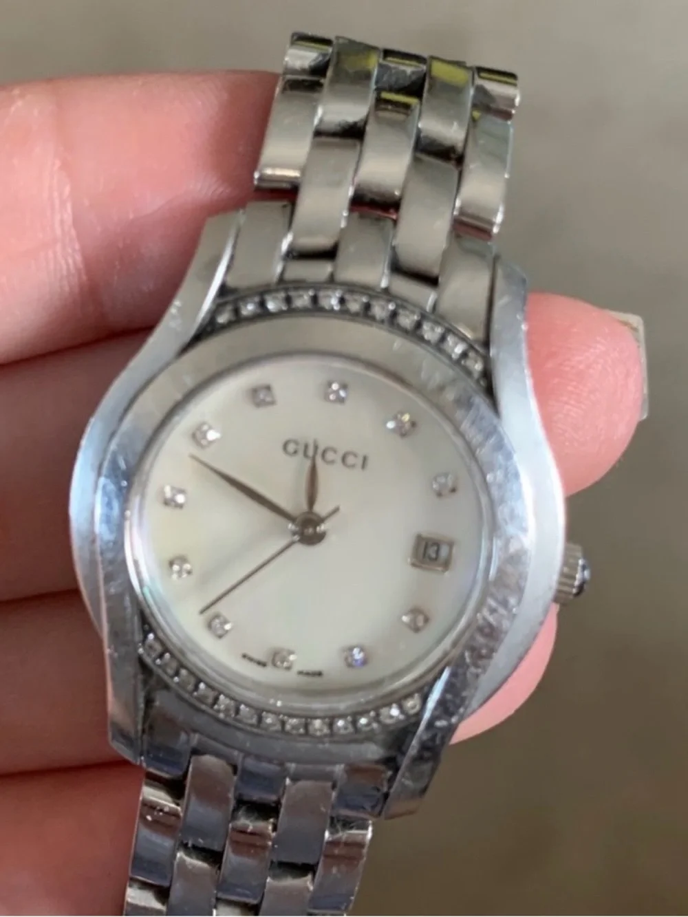 Gucci Silver Women's Watch with Mother-of-Pearl Dial and Diamond Accents